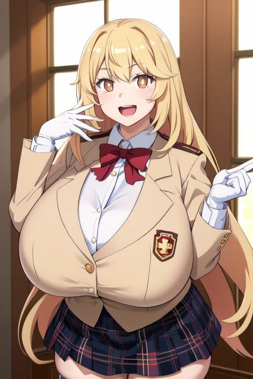 HDR,UHD,8K, best quality, masterpiece, Highly detailed, extreme detail description, 1girl, solo,
hmmisaki, long hair, symbol-shaped pupils,(gigantic Breasts:1.4), blond,
tokiwadai school uniform, red bow, white shirt, collared shirt, blazer, white gloves, long sleeves, plaid skirt, white thighhighs,
smile, open mouth, standing,