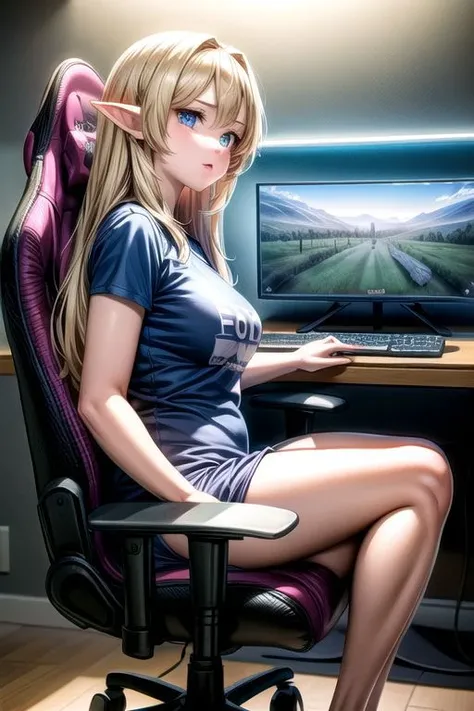 (anime, masterpiece, intricate:1.3), (best quality, hires textures, high detail:1.2), (4k) skinny, fit, fit female, photographic, fine texture, medium breasts, blonde hair, long hair, elf ears, blue eyes, detailed eyes, 4k eyes, long t-shirt, pajamas, gaming-room, gaming chair, monitor, computer, playing games, on chair, game controller, from side