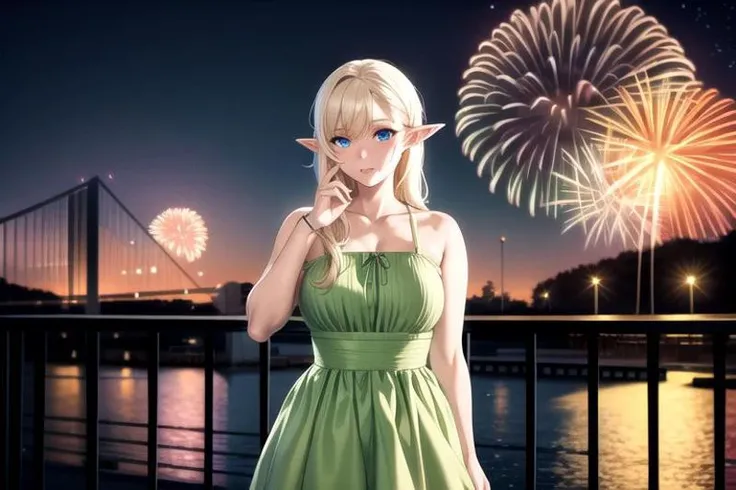 (masterpiece, intricate:1.3), (best quality, hires textures, high detail:1.2), (4k) skinny, fit, fit female, photographic, fine texture, medium breasts, blonde hair, long hair, elf ears, blue eyes, detailed eyes, 4k eyes, sundress, edgYSD,woman wearing a yellow sundress on a bridge, watching fireworks, night time