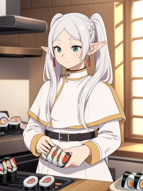 1girl,braid,chef uniform,(sushi:1.4),(cooking:1.4),holiding,(holding food:1.4),cutting board,food,fish,frying pan,kitchen,long sleeves,plate,pot,sausage,solo,stove,table,<lora:frieren:1>,frieren,long hair,pointy ears,twintails,jewelry,elf,earrings,capelet,white capelet,long sleeves,parted bangs,dress,belt,