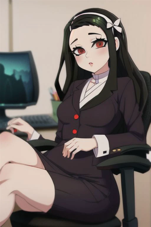 nezuko looking sexy in a office dress with some buttons open and her laps showing a little