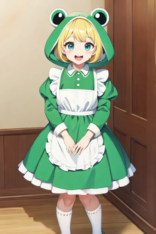 8k, masterpiece, cute solo 1girl, maid, big smile, short girl, green dress, white apron, vibrant, vivid, dynamic, indoors, Frog costume B, frog costume, animal costume, standing, full body