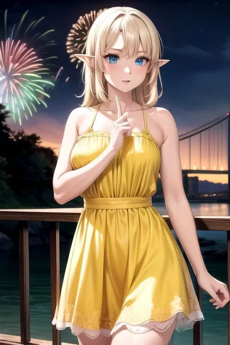 (masterpiece, intricate:1.3), (best quality, hires textures, high detail:1.2), (4k) skinny, fit, fit female, photographic, fine texture, medium breasts, blonde hair, long hair, elf ears, blue eyes, detailed eyes, 4k eyes, sundress, edgYSD,woman wearing a yellow sundress on a bridge, watching fireworks, night time