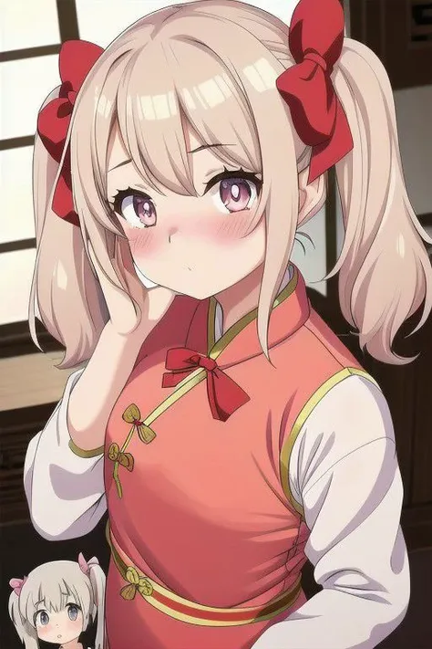 petite, 2 girls, young, messy hair, eyes visible through hair, short twintails, cute anime face, light blush, flat chest best quality, hair bow, China Cheongsam, best quality, best masterpiece,