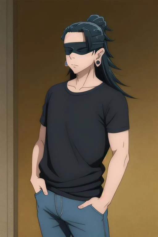 (masterpiece, best quality), 1man, 1boy, solo, ultra-detailed, best shadow, (black t-shirt), (t-shirt), ((tee-shirt)), blue jeans, looking at viewer, standing, (medium body weight), Geto, Getou, SuguruGetou, GetouSuguru, Geto suguru, getou suguru (detailed hair), (black long hair), poly tail, long hair, (black blindfold), waist-high, frame above the waist, bedroom background, hands in pockets, earrings