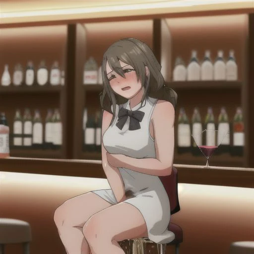 female, wetting self, multiple girls, bar, sitting on stool, holding wine, female bartender, cocktail dress, dim lighting, drunk