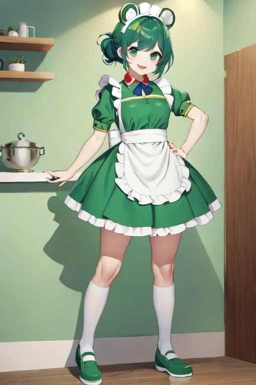 8k, masterpiece, cute solo 1girl, maid, big smile, short girl, green dress, white apron, vibrant, vivid, dynamic, indoors, Frog costume B, frog costume, animal costume, standing, full body