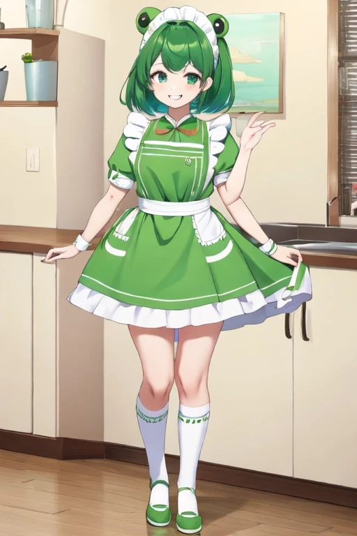 8k, masterpiece, cute solo 1girl, maid, big smile, short girl, green dress, white apron, vibrant, vivid, dynamic, indoors, Frog costume B, frog costume, animal costume, standing, full body