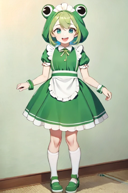 8k, masterpiece, cute solo 1girl, maid, big smile, short girl, green dress, white apron, vibrant, vivid, dynamic, indoors, Frog costume B, frog costume, animal costume, standing, full body