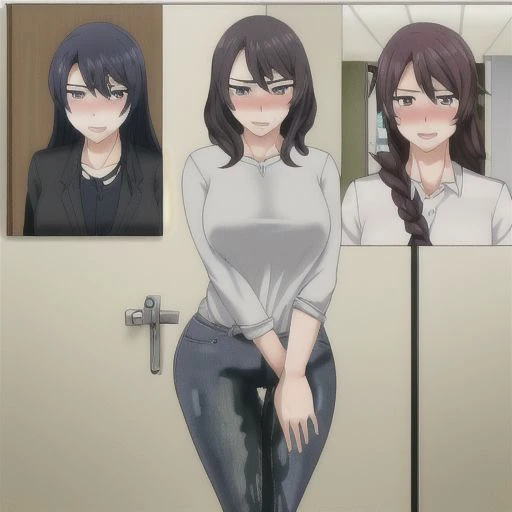 female, wetting self, jeans, multiple girls, hands in crotch, desperation, on camera, recording self