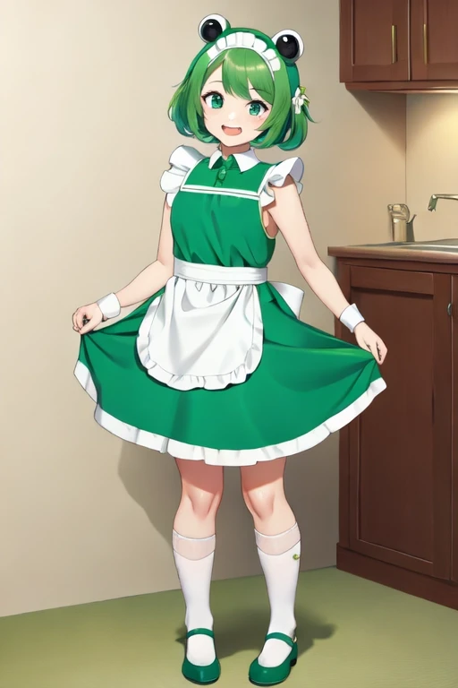 8k, masterpiece, cute solo 1girl, maid, big smile, short girl, green dress, white apron, vibrant, vivid, dynamic, indoors, Frog costume B, frog costume, animal costume, standing, full body