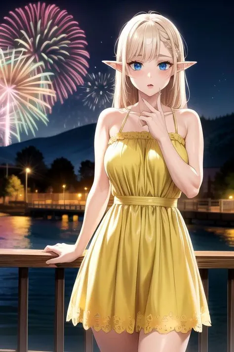 (masterpiece, intricate:1.3), (best quality, hires textures, high detail:1.2), (4k) skinny, fit, fit female, photographic, fine texture, medium breasts, blonde hair, long hair, elf ears, blue eyes, detailed eyes, 4k eyes, sundress, edgYSD,woman wearing a yellow sundress on a bridge, watching fireworks, night time