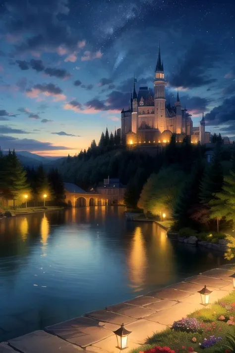 (masterpiece, intricate:1.3), (best quality, hires textures, high detail:1.2), (4k) glowing flowers, outdoors, sky, midnight, clouds, large tree near foreground, no humans, moonlight, scenery, light rays, huge castle on a incline with a lake in the distance