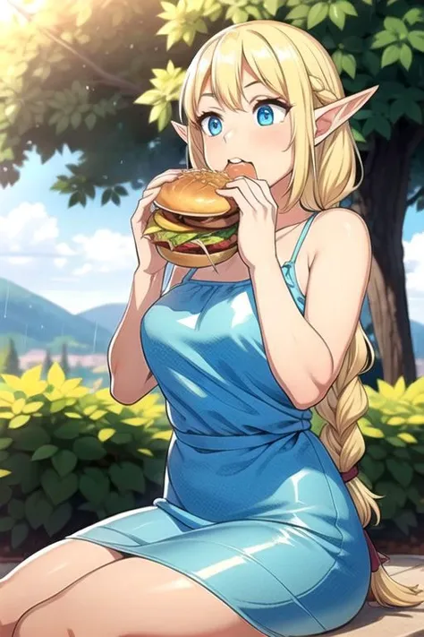 (masterpiece, intricate:1.3), (best quality, hires textures, high detail:1.2), (4k) skinny, fit, fit female, photographic, fine texture, medium breasts, blonde hair, single braid, elf ears, blue eyes, detailed eyes, 4k eyes, sundress, edgYSD,woman wearing a blue sundress, sitting under a gazebo, eating a hamburger, watching the rain,
