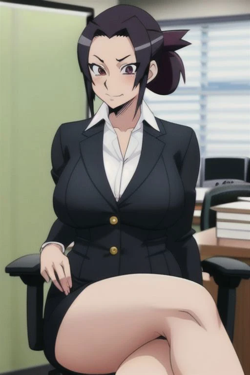 ino yamanaka looking sexy in a office dress with some buttons open and her laps showing a little