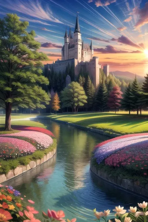 (masterpiece, intricate:1.3), (best quality, hires textures, high detail:1.2), (4k) vibrant flowers, outdoors, sky, dusk, clouds, large tree near foreground, no humans, sunlight, scenery, light rays, huge castle on a incline with a lake in the distance