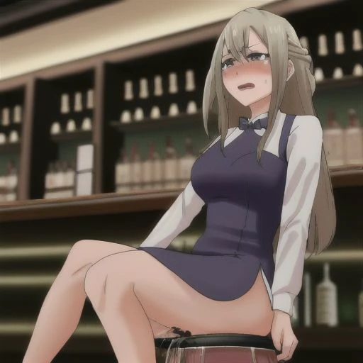 female, wetting self, multiple girls, bar, sitting on stool, holding wine, female bartender, cocktail dress, dim lighting, drunk