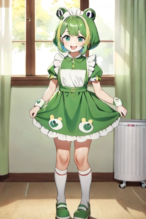 8k, masterpiece, cute solo 1girl, maid, big smile, short girl, green dress, white apron, vibrant, vivid, dynamic, indoors, Frog costume B, frog costume, animal costume, standing, full body