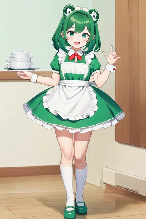 8k, masterpiece, cute solo 1girl, maid, big smile, short girl, green dress, white apron, vibrant, vivid, dynamic, indoors, Frog costume B, frog costume, animal costume, standing, full body
