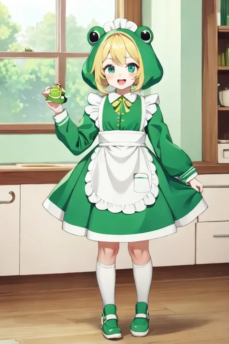 8k, masterpiece, cute solo 1girl, maid, big smile, short girl, green dress, white apron, vibrant, vivid, dynamic, indoors, Frog costume B, frog costume, animal costume, standing, full body