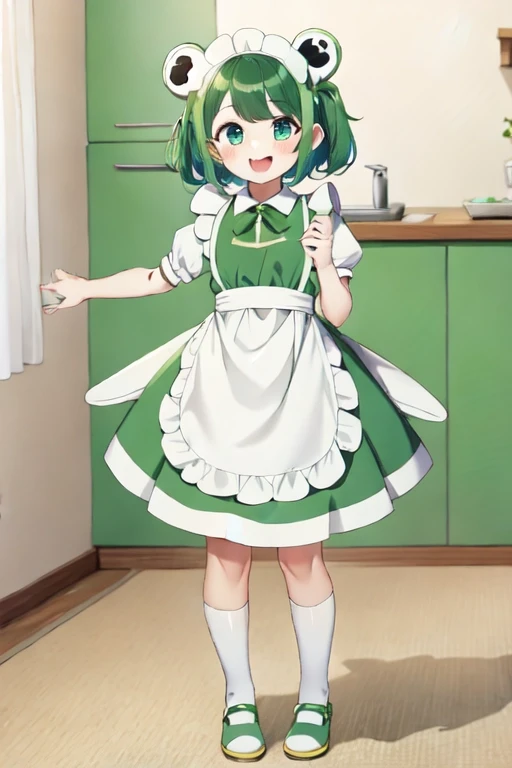 8k, masterpiece, cute solo 1girl, maid, big smile, short girl, green dress, white apron, vibrant, vivid, dynamic, indoors, Frog costume B, frog costume, animal costume, standing, full body