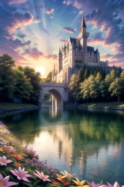 (masterpiece, intricate:1.3), (best quality, hires textures, high detail:1.2), (4k) glowing flowers, outdoors, sky, midnight, fullmoon, clouds, large tree near foreground, no humans, moonlight, scenery, light rays, huge castle on a incline with a lake in the distance