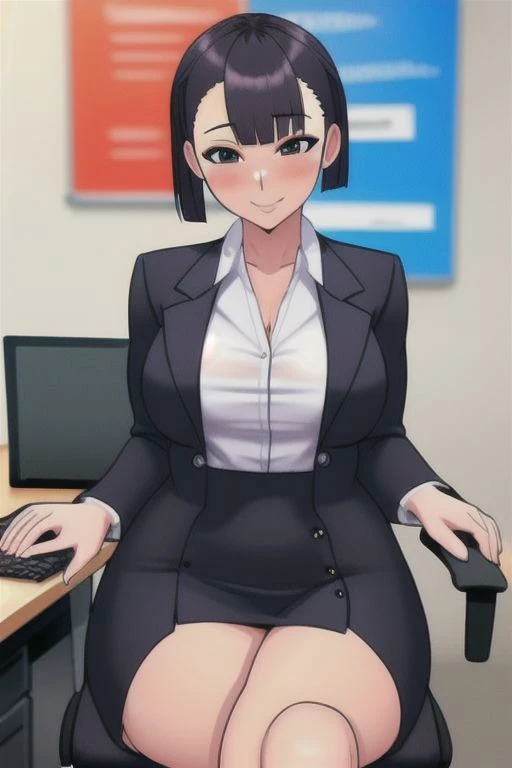 samui looking sexy in a office dress with some buttons open and her laps showing a little