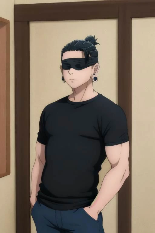 (masterpiece, best quality), 1man, 1boy, solo, ultra-detailed, best shadow, (black t-shirt), (t-shirt), ((tee-shirt)), blue jeans, looking at viewer, standing, (medium body weight), Geto, Getou, SuguruGetou, GetouSuguru, Geto suguru, getou suguru (detailed hair), (black long hair), (black blindfold), waist-high, frame above the waist, bedroom background, hands in pockets, earrings