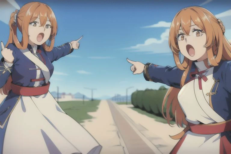 Springfield, soyjaks, 2girls, duo, pointing, open mouth, white dress, blue jacket, white sash, red belt, brown knee boots, long skirt, cross-laced footwear, :o