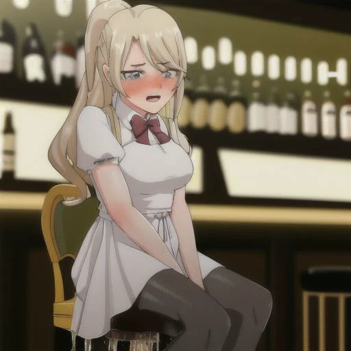 female, wetting self, multiple girls, bar, sitting on stool, holding wine, female bartender, cocktail dress, dim lighting, drunk