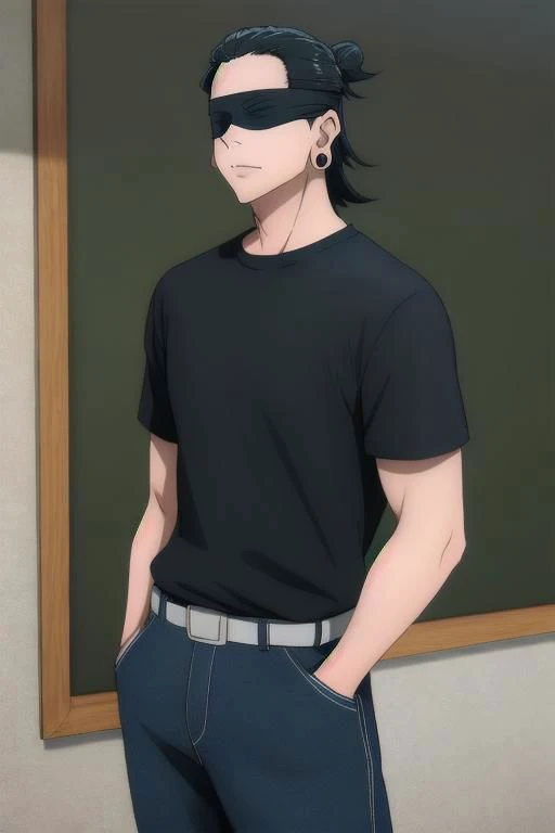 (masterpiece, best quality), 1man, 1boy, solo, ultra-detailed, best shadow, (black t-shirt), (t-shirt), ((tee-shirt)), blue jeans, looking at viewer, standing, (medium body weight), Geto, Getou, SuguruGetou, GetouSuguru, Geto suguru, getou suguru (detailed hair), (black long hair), (black blindfold), waist-high, frame above the waist, bedroom background, hands in pockets, earrings