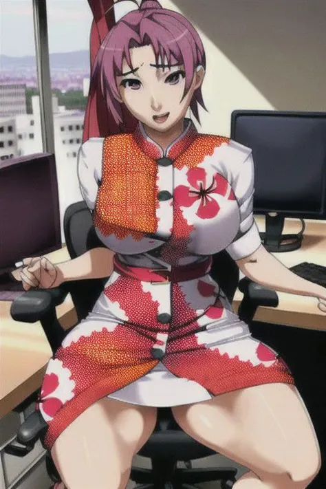 sakura looking sexy in a office ankara dress with some buttons open and her laps showing a little