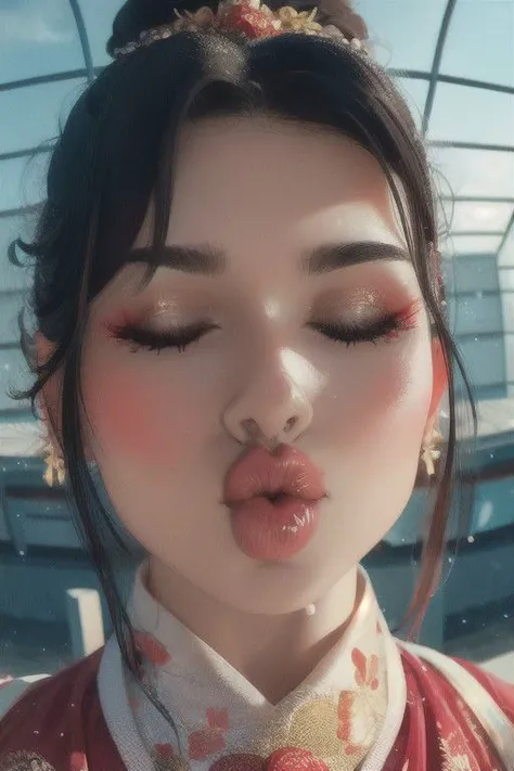1girl,big lips, glossy lips, eyes closed, towards the viewer, pouting, best quality,masterpiece,illustration,an extremely delicate and beautiful,CG,unity,8k wallpaper,Amazing,finely detail,masterpiece,official art,extremely detailed CG unity 8k wallpaper,incredibly absurdres,huge filesize,ultra-detailed,highres,extremely detailed,beautiful detailed girl,realistic,<lora:Warm Snow:0.8>,
close-up shot, close up, fish eye lens, wide lens, macro lens,