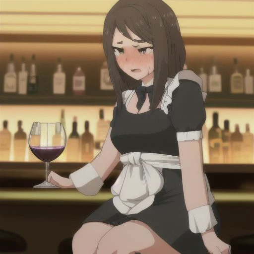 female, wetting self, multiple girls, bar, sitting on stool, holding wine, female bartender, cocktail dress, dim lighting, drunk