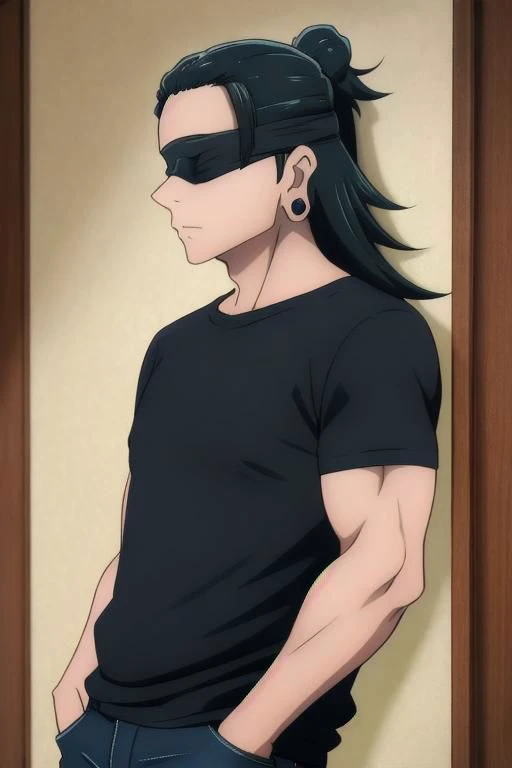 (masterpiece, best quality), 1man, 1boy, solo, ultra-detailed, best shadow, (black t-shirt), (t-shirt), ((tee-shirt)), blue jeans, looking at viewer, standing, (medium body weight), Geto, Getou, SuguruGetou, GetouSuguru, Geto suguru, getou suguru (detailed hair), (black long hair), (black blindfold), waist-high, frame above the waist, bedroom background, hands in pockets, earrings