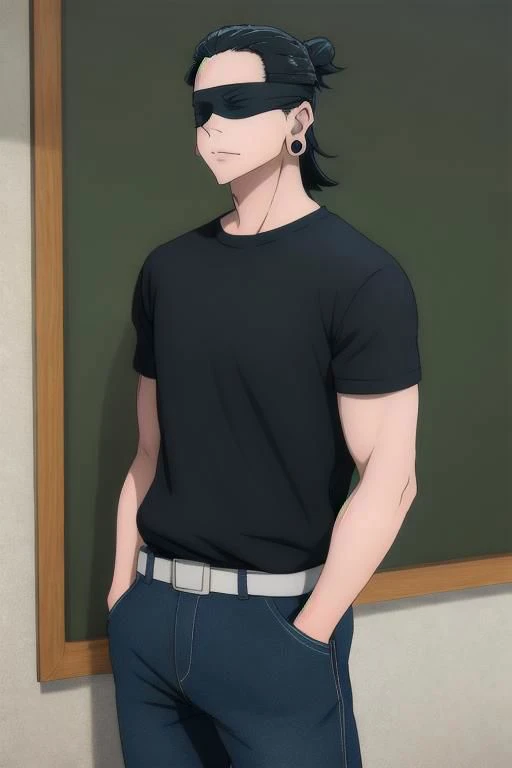 (masterpiece, best quality), 1man, 1boy, solo, ultra-detailed, best shadow, (black t-shirt), (t-shirt), ((tee-shirt)), blue jeans, looking at viewer, standing, (medium body weight), Geto, Getou, SuguruGetou, GetouSuguru, Geto suguru, getou suguru (detailed hair), (black long hair), (black blindfold), waist-high, frame above the waist, bedroom background, hands in pockets, earrings