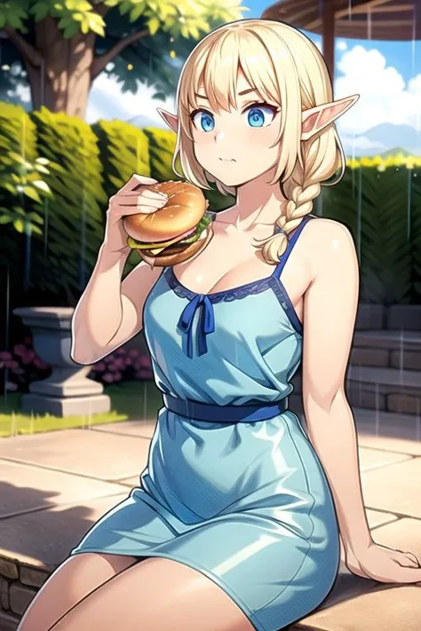 (masterpiece, intricate:1.3), (best quality, hires textures, high detail:1.2), (4k) skinny, fit, fit female, photographic, fine texture, medium breasts, blonde hair, single braid, elf ears, blue eyes, detailed eyes, 4k eyes, sundress, edgYSD,woman wearing a blue sundress, sitting under a gazebo, eating a hamburger, watching the rain,