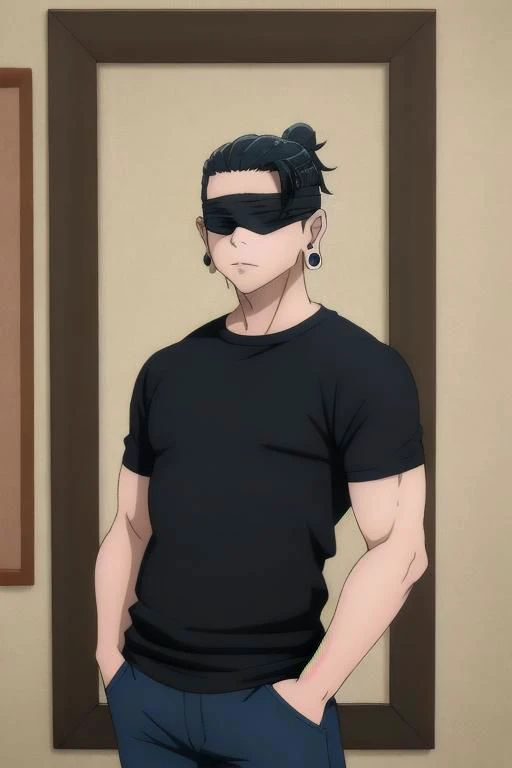 (masterpiece, best quality), 1man, 1boy, solo, ultra-detailed, best shadow, (black t-shirt), (t-shirt), ((tee-shirt)), blue jeans, looking at viewer, standing, (medium body weight), Geto, Getou, SuguruGetou, GetouSuguru, Geto suguru, getou suguru (detailed hair), (black long hair), (black blindfold), waist-high, frame above the waist, bedroom background, hands in pockets, earrings