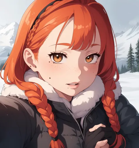 masterpiece, best quality, detailed face, extreme detail, (1girl, young, mole, plump),freckels, standing, trees, footprints in snow, mountains in background,heavy snowstorm, upper body, fur winter jacket, perspective, looking at viewer, bushes,( portrait,closeup), posing, holding hands with viewer, ear covers, ginger, plaits