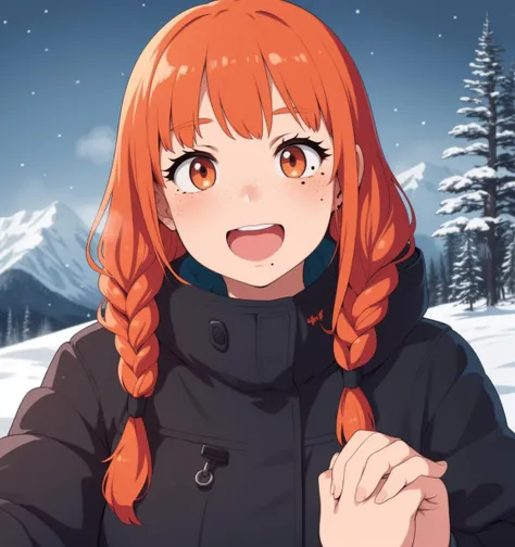masterpiece, best quality, detailed face, extreme detail, (1girl, young, mole, plump),freckels, standing, trees, footprints in snow, mountains in background,heavy snowstorm, upper body, fur winter jacket, perspective, looking at viewer, bushes,( portrait), posing, holding hands with viewer, ear covers, ginger, plaits, blushing, suprised, happy, large eyes, exhaling