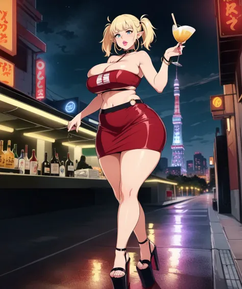 ((art by kipteitei)) , full body, pointy ears
1girl, (((bimbo))),(hoop earrings, puffy lips, painted lips, thick lips.:1.2) ((platform heels))
blonde hair, (short twintails,:1.2) (wide hips:1.2), thick thighs, bursting breasts, huge ass
(full skirt),navel, tube top, o-ring top,
Nightlife, Night city, Cyberpunk city, futuristic cityscape. Neon lights, (skyscraper:1.1), Tokyo tower, palm tree, cloth sign, ramen stall, night club. bright city lights, exotic car. alcohol, bar, ramen, soup stall ,alcohol bottles, ((crowded background)), ((Paparazzi)), detailed sky, cloudy sky