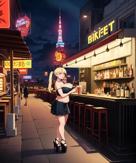 ((art by kipteitei:1.5)) , full body, pointy ears.
fat belly, large stomach, eating
1girl, (((bimbo))),(hoop earrings, puffy lips, painted lips, thick lips.:1.2) ((platform heels))
blonde hair, (short twintails,:1.2) (wide hips:1.2), thick thighs, bursting breasts, huge ass
(full skirt),navel, tube top, o-ring top,
Nightlife, Night city, Cyberpunk city, futuristic cityscape. Neon lights, (skyscraper:1.1), Tokyo tower, palm tree, cloth sign, ramen stall, night club. bright city lights, exotic car. alcohol, bar, ramen, soup stall ,alcohol bottles, ((crowded background)), ((Paparazzi)), detailed sky, cloudy sky