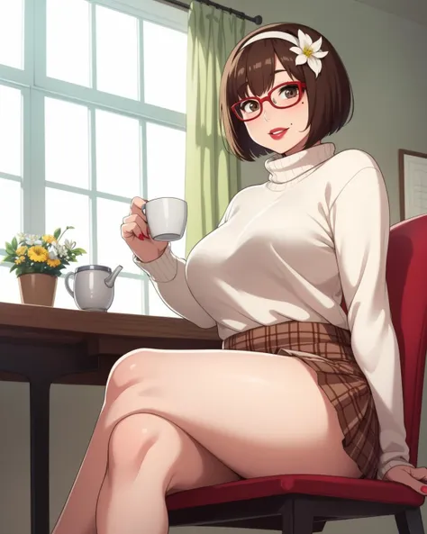 masterpiece, best quality, detailed face, 1girl, mature, mole, chubby, sitting on chair, crossed legs, white turtle neck sweater, long plaid skirt, brown skirt, inside, kitchen, windows, curtain, drawers, table, holding cup of tea, from below, duthc angle, flower pot, smiling, blushing, parted lips, short hair, bobcut, hairband, glasses, painted lips, red lips