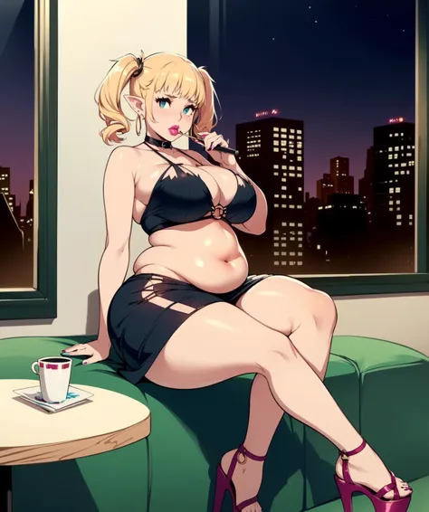 ( art by kipteitei:1.5) , full body, pointy ears.
fat belly, large stomach, eating, plump belly, closeup. thick,
1girl,  (bimbo),(hoop earrings, puffy lips, painted lips, thick lips.:1.2) ((platform heels))
blonde hair, (short twintails,:1.2) (wide hips:1.2), thick thighs, bursting breasts, huge ass
 (full skirt),navel, tube top, o-ring top, 
Nightlife, Night city, Cyberpunk city, futuristic cityscape.( NYC like an luxury hotel with view of central park:1.3), hotel window, cityscape,