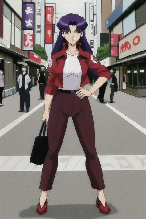 Misato Katsuragi from Evangelion anime, 30 years old women, MILF, red leather jacket, dark slacks, purple hair, New Tokyo city street in background, old anime style
