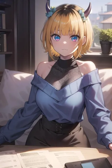 memcho, <lyco:memcho-lyco-nochekaiser:1>,
memcho, blonde hair, blue eyes, blunt bangs, demon horns, fake horns, horns, short hair,
BREAK bare shoulders, black skirt, (blue sweater:1.5), long sleeves, off shoulder, off-shoulder sweater, puffy sleeves, skirt, sweater, white ribbon,
BREAK looking at viewer,
BREAK indoors,
BREAK <lyco:GoodHands-beta2:1>, (masterpiece:1.2), best quality, high resolution, unity 8k wallpaper, (illustration:0.8), (beautiful detailed eyes:1.6), extremely detailed face, perfect lighting, extremely detailed CG, (perfect hands, perfect anatomy),