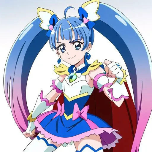1girl, Prettycure, character, cure sky, dress, twintails, gradient hair, ahoge, blunt bangs, head wings, fingerless gloves, white shirt, puffy detached sleeves, cape, thighhighs, blue legwear, gem, single earring, closed mouth, smile, jewelry, white background, simple background,