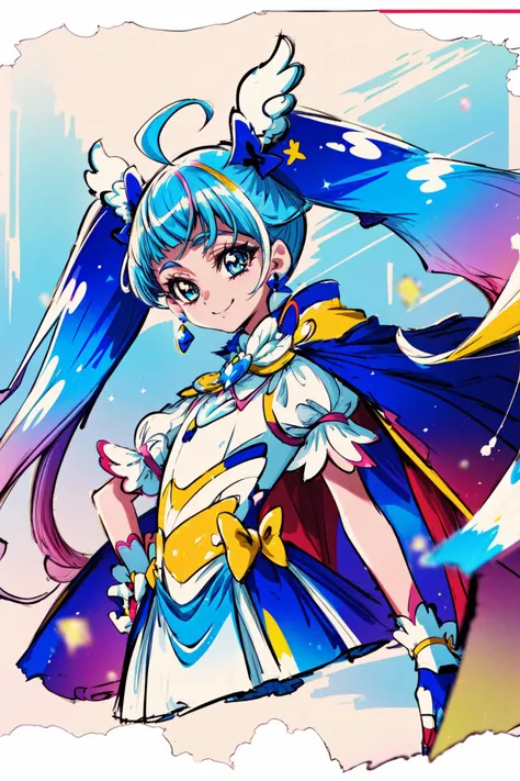 masterpiece,best quality,((SFW)),1girl,cure sky,dress,twintails,gradient hair,ahoge,blunt bangs,head wings,fingerless gloves,white shirt,puffy detached sleeves,cape,thighhighs,blue legwear,gem,single earring,smile,upper body,<lora:locon_cure_sky_1:0.9>,<lora:KamikitaV2:0.7>,