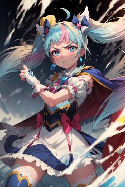 masterpiece,best quality,((SFW)),1girl,cure sky,dress,twintails,gradient hair,ahoge,blunt bangs,head wings,fingerless gloves,white shirt,puffy detached sleeves,cape,thighhighs,blue legwear,gem,single earring,(serious,frown),fighting stance,action pose,attack,punching,motion lines,motion blur,blast wave,cowboy shot,<lora:locon_cure_sky_1:0.9>,