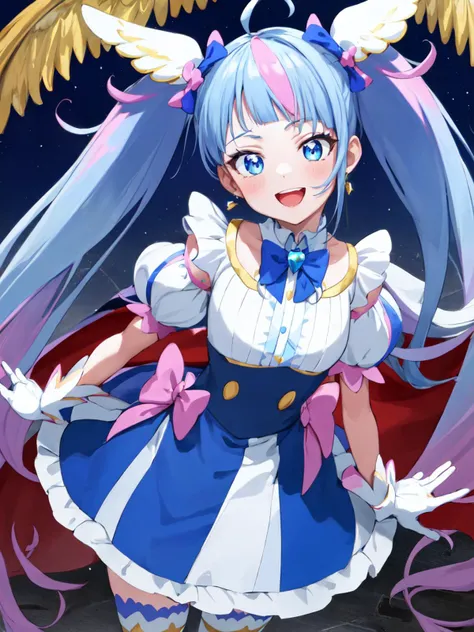 masterpiece, best quality, looking_at_viewer, happy, standing, from above,
1girl, <lora:locon_cure_sky_1:0.9>, cure sky,
dress, twintails, gradient hair, ahoge, blunt bangs, head wings, fingerless gloves, white shirt, puffy detached sleeves, cape, thighhighs, blue legwear, gem, single earring,